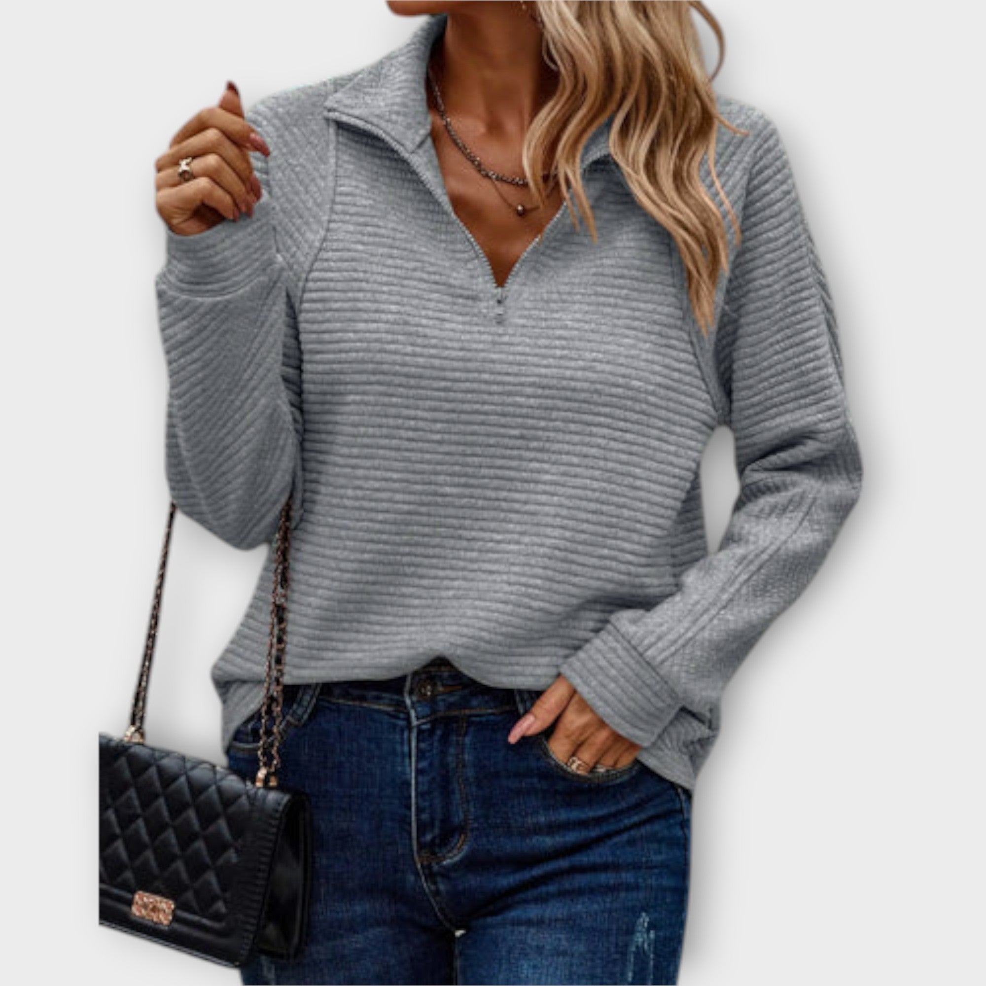 Vilja - Rosa Halfzip-Pullover mit Rippenmuster