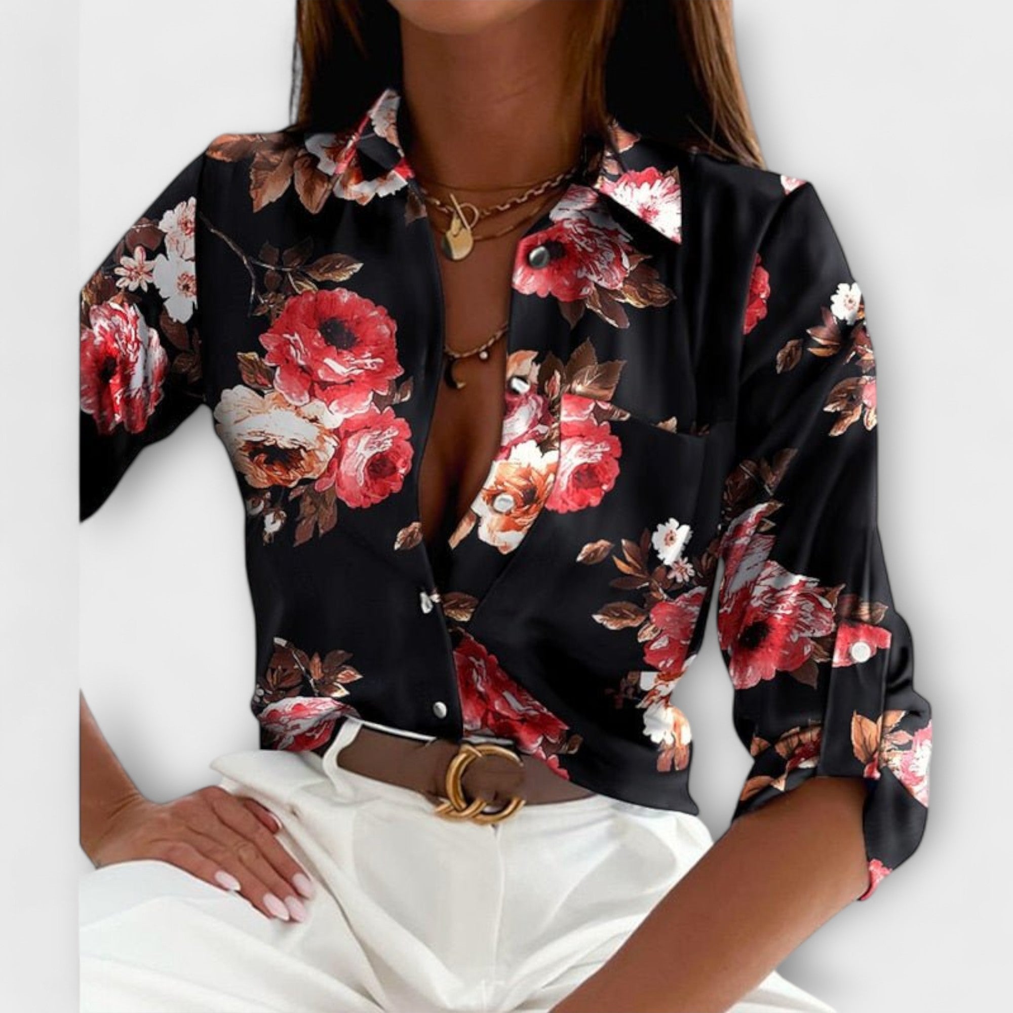 Blaue Bluse mit grafischem Muster und Kragen