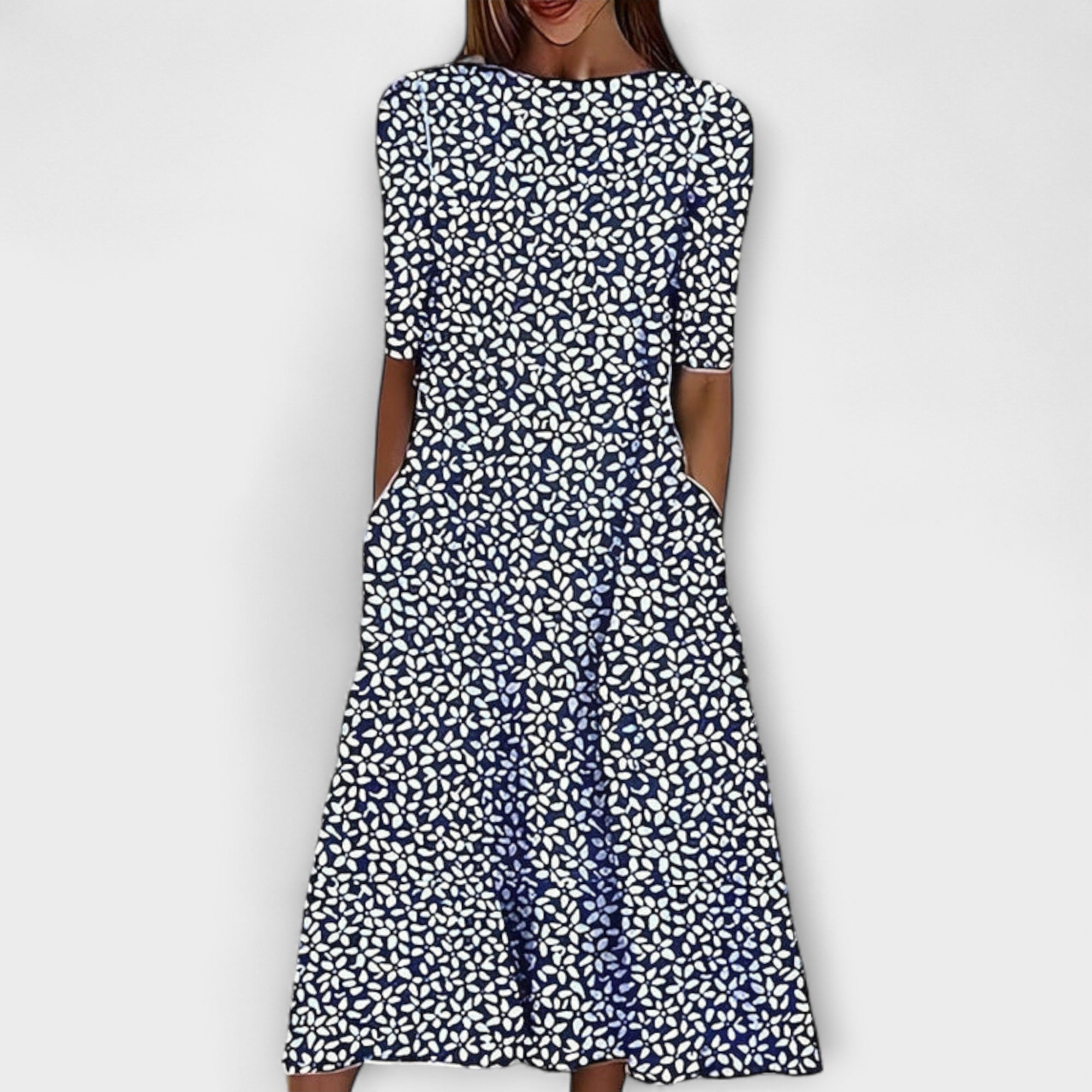 Adelina - Weisses Kleid mit blauem Blütenmuster